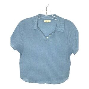 Madewell Smocked Top Button-Up‎ Short Sleeve Collared Casual Summer Blue Size M